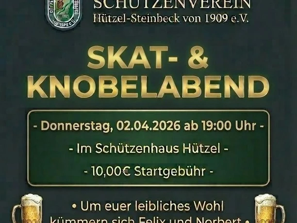 Skat-und-Knobelabend_Huetzel_2026.jpg Plakat zum Skat- und Knobelabend mit Spielkarten, Holzwürfeln und Biergläsern.