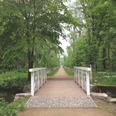 Schlosspark Rötha Eine malerische Brücke führt zu einer von Bäumen gesäumten Allee im Schlosspark Rötha, die den Blick ins Grün und auf den Parkweg lenkt.