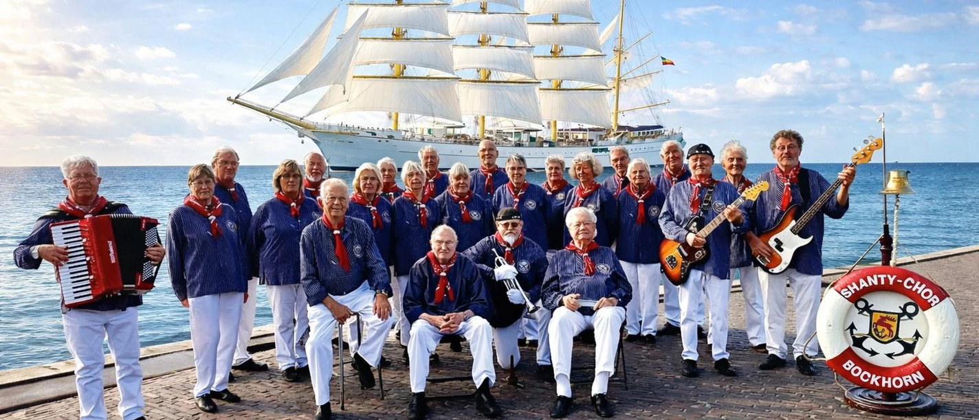 Shanty Chor Bockhorn Shanty Chor Bockhorn an Küste maritim gekleidet. Im Hintergrund ist ein Schiff zu sehen.