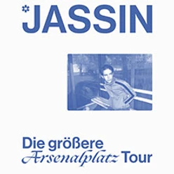 Blaues Tourposter mit einer Person am Geländer und großem Jassin‑Schriftzug.