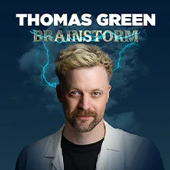 Porträt eines Mannes vor dunklem Hintergrund mit Schrift Thomas Green Brainstorm und Blitzen