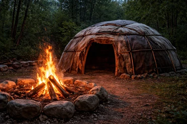 Schwitzhütte KI generiert.png Einladende Schwitzhütte im Wald, davor ein warm prasselndes Lagerfeuer in der Dämmerung.