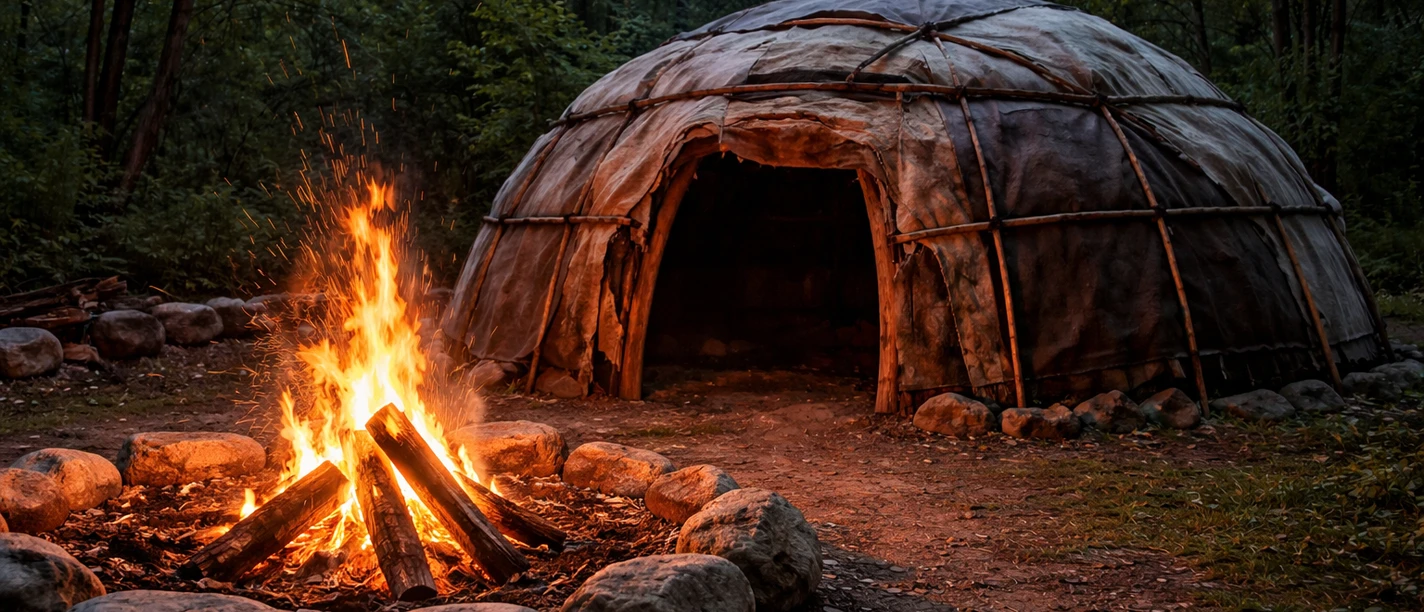 Schwitzhütte KI generiert.png Einladende Schwitzhütte im Wald, davor ein warm prasselndes Lagerfeuer in der Dämmerung.