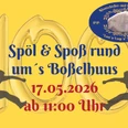 Jubiläum Spiel und Spaß_Seite_1.jpg Gelbes Plakat zum 100. Jubiläum: Spöl & Spoß am 17.05.2026 mit zwei springenden Figuren.
