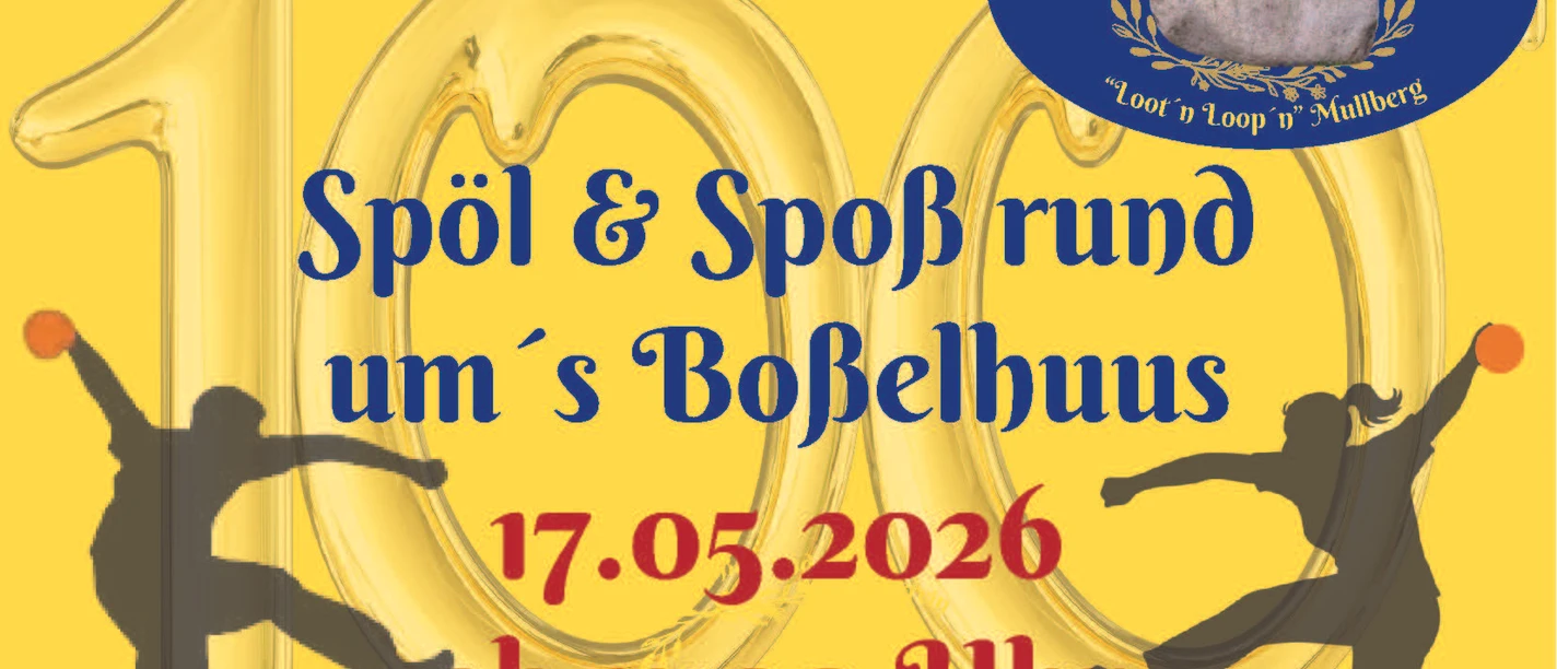 Jubiläum Spiel und Spaß_Seite_1.jpg Gelbes Plakat zum 100. Jubiläum: Spöl & Spoß am 17.05.2026 mit zwei springenden Figuren.