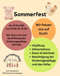 Hof-Kids Sommerfest.png Einladungsplakat zum Sommerfest der Hof-Kids mit Programm und Tiermotiven.