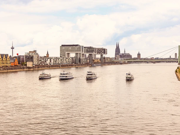 The Kölntourist passenger boat fleet on the Rhine in Cologne Excursion boats on the Rhine in front of Cologne's modern skyline with bridge and cathedral.