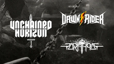 Bild Veranstaltungskalender.jpg Bandlogos von Unchained Horizon, Dawn Rider und Paranoiac vor dunklen Ketten.