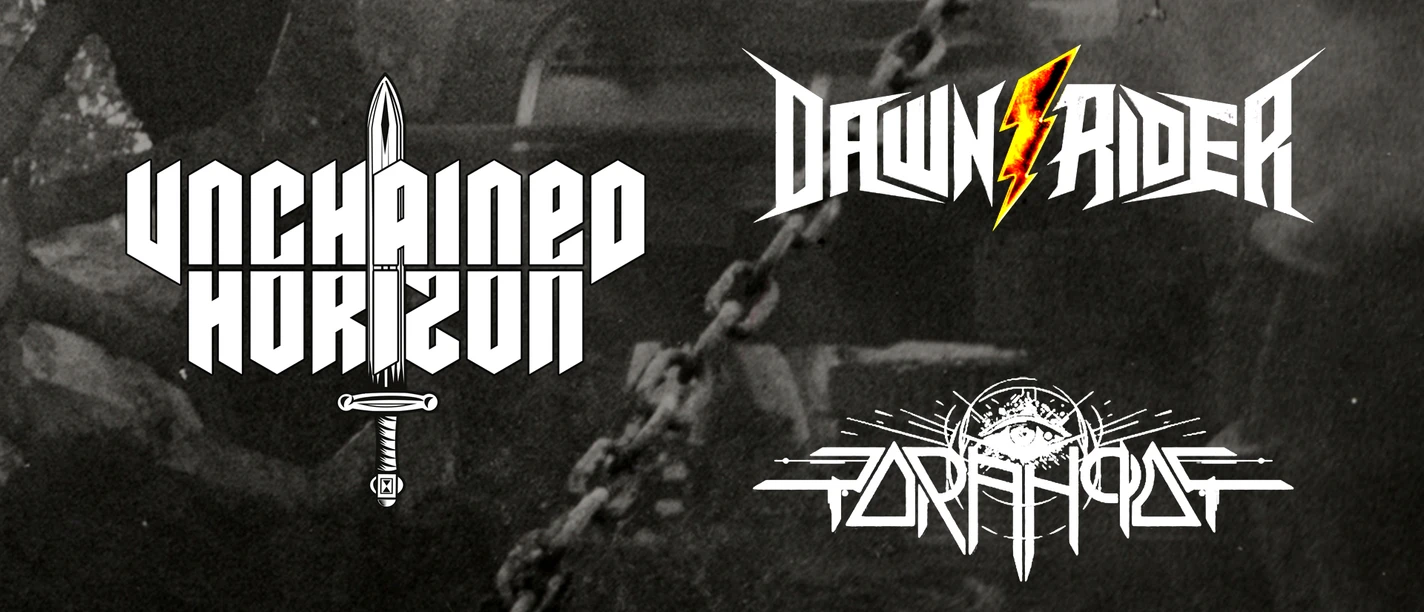 Bild Veranstaltungskalender.jpg Bandlogos von Unchained Horizon, Dawn Rider und Paranoiac vor dunklen Ketten.
