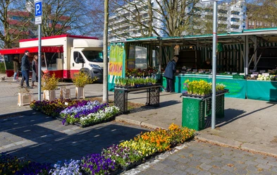 S6020 (c) Helmut Gross_Erlebnis Bremerhaven_WEB.jpg Verschiedene Blumen am Stand auf dem Wochenmarkt in der Bogenstraße