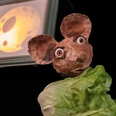 Die Puppenfigur einer Maus hält ein Salatblatt in der Hand. Im Hintergrund hängt das Bild eines Käsewürfels.