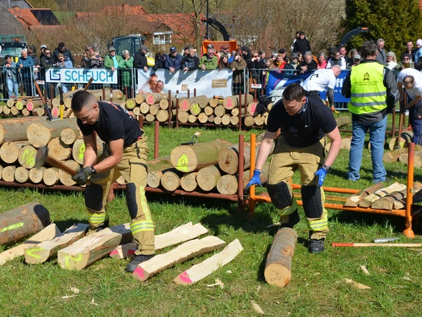Teamarbeit bei den Deutschen Meisterschaften im Brennholz-Spalten in Bad Arolsen-Schmilllinghausen