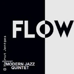 Schwarz-weiß geteiltes Poster mit großem FLOW-Schriftzug und Modern Jazz Quintet