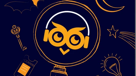LNDM 2026.jpg Logo in Form einer Eule, orange auf lila Grund mit Umrisszeichnungen von Lupe, Schlüssel, Glühbirne, Mond, Stern und Fledermaus