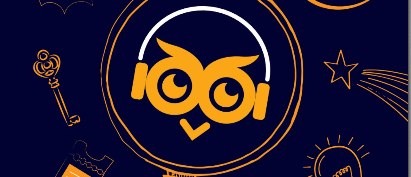 LNDM 2026.jpg Logo in Form einer Eule, orange auf lila Grund mit Umrisszeichnungen von Lupe, Schlüssel, Glühbirne, Mond, Stern und Fledermaus