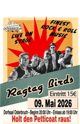 Ragtag-Birds-2026-05-09-Super-neu.png Cooles Retro-Plakat der Ragtag Birds mit fünf anstoßenden Musikern im Rockabilly-Stil.