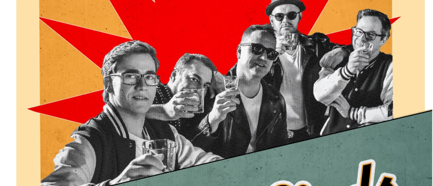 Ragtag-Birds-2026-05-09-Super-neu.png Cooles Retro-Plakat der Ragtag Birds mit fünf anstoßenden Musikern im Rockabilly-Stil.