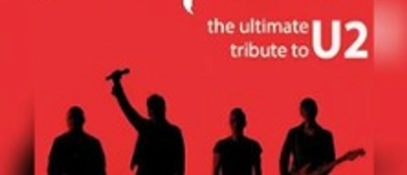 Schwarze Band-Silhouetten vor rotem Hintergrund mit Schriftzug einer U2-Tribute-Show
