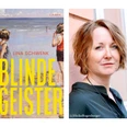 Lina Schwenk - Blinde Geister Buchcover mit Strandmotiv neben dem Portrait einer Frau vor heller Wand