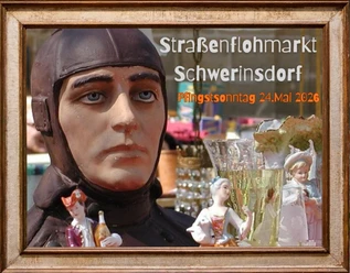 Straßenflohmarkt Schwerinsdorf Du siehst ein Plakat für den Flohmarkt Schwerinsdorf am 24. Mai 2026 mit allerlei altem Trödel.