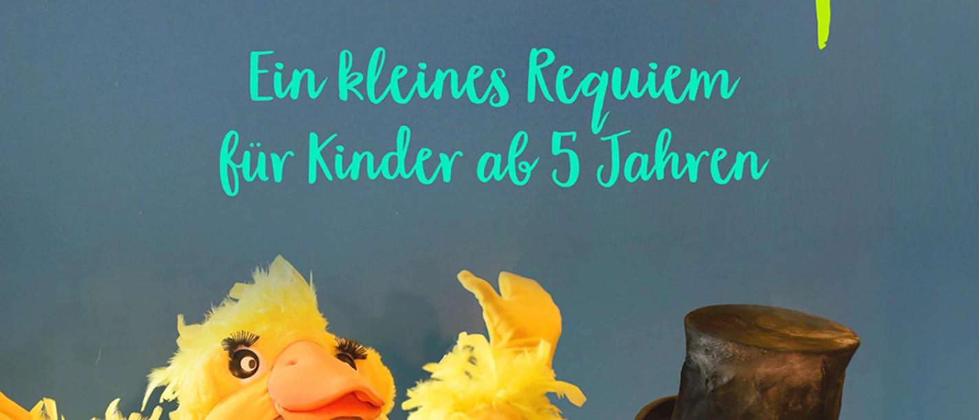 Ente, Tod und Tulpe Poster für "Ente, Tod und Tulpe" mit einer jubelnden Ente und einer nachdenklichen Figur mit Zylinder.