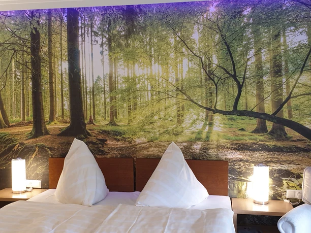 Hotel Sonnenhof Lügde Doppelzimmer Superior Themenzimmer Teutoburger Wald 2.jpg Doppelzimmer Superior im Hotel Sonnenhof Lügde mit Teutoburger Wald Tapete