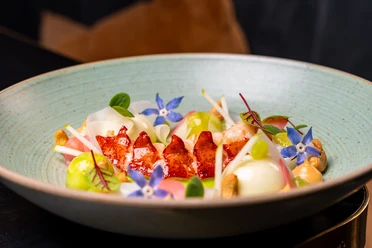 PULS - Restaurant & Bar Fein arrangierter Hummer mit Gemüse, Cremetupfen und blauen essbaren Blüten in einer Schale