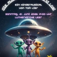 Die Außerirdischen sind los!.jpg Plakat für das Musical: Ein UFO schwebt über drei lachenden, bunten Aliens im Weltraum.
