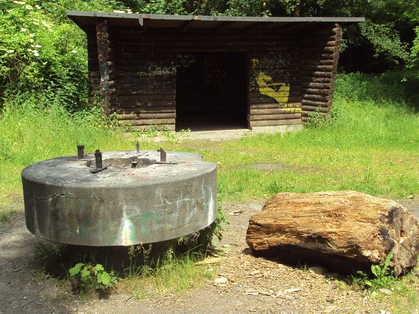 Grillplatz_Gebhardshagen (3).JPG Runder Betongrill und ein Holzstamm als Sitzgelegenheit auf einer Wiese vor einer offenen Schutzhütte.