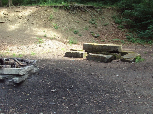 Grillplatz_Lichtenberg (2).JPG Grillplatz im Wald mit steinerner Feuerstelle, massiven Sitzblöcken aus Stein und einem Mülleimer.
