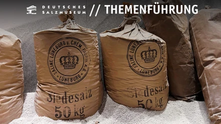 Themenführung im Salzmuseum Gefüllte Säcke im Deutschen Salzmuseum mit dem Aufdruck "Saline Lüneburg und Chemische Fabrik Lüneburg / Siedesalz 50 kg"
