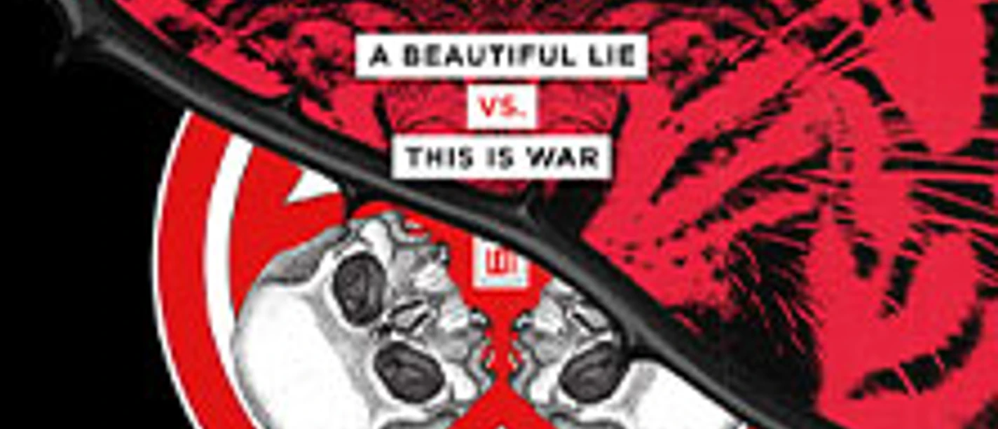 Rotes Tigermotiv über Symbol mit zwei Schädeln und Schriftzügen der Band Thirty Seconds to Mars