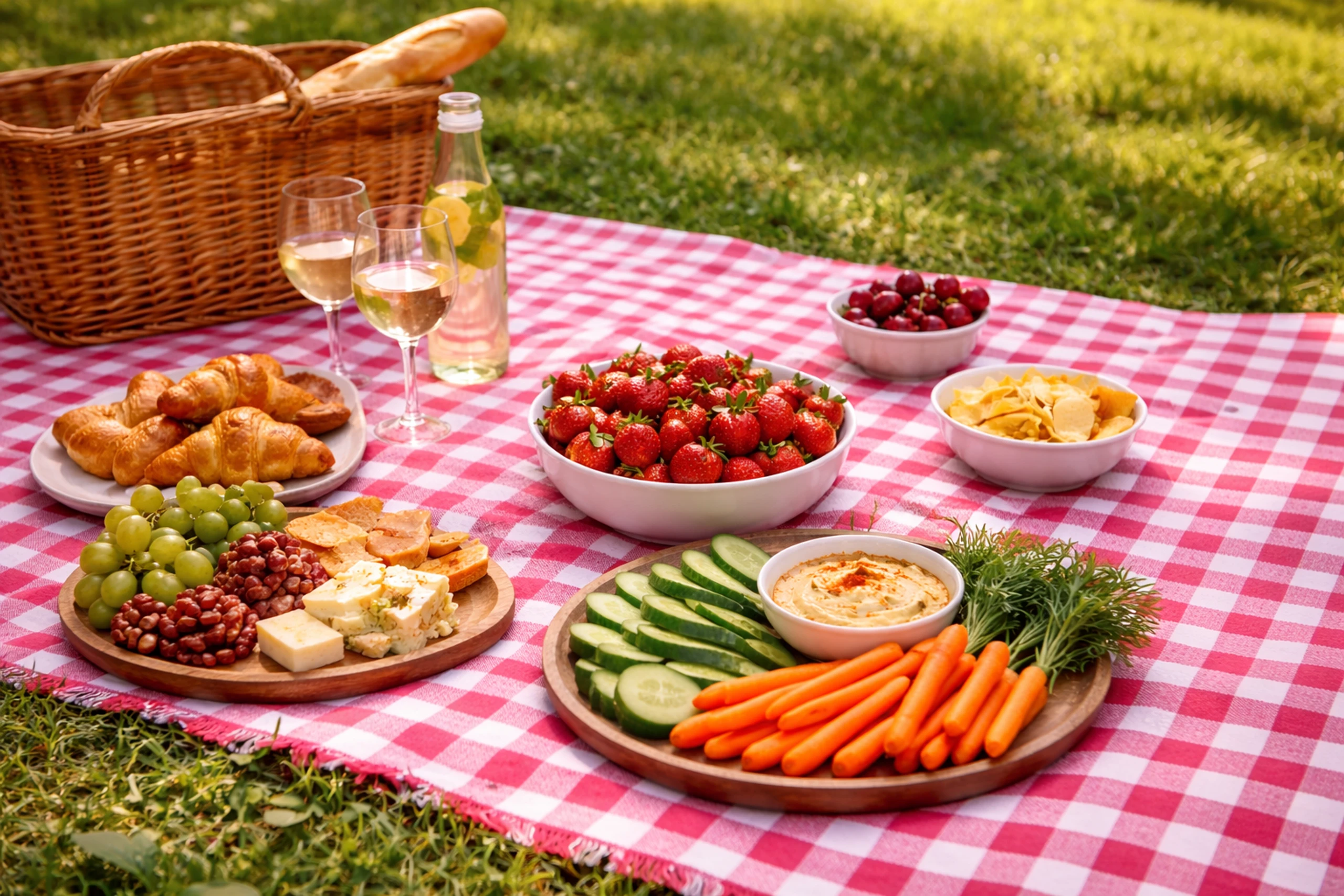 Frischer Picknickgenuss auf kariertem Tuch.png