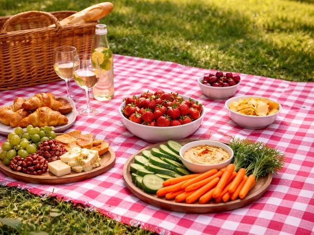 Frischer Picknickgenuss auf kariertem Tuch.png Frischer Picknickgenuss auf kariertem Tuch