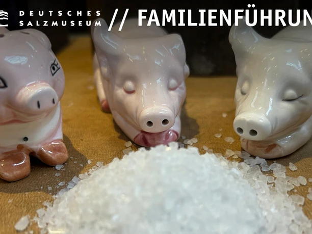 Familienführung im Deutschen Salzmuseum Salzstreuer in Form von kleinen Schweinchen stehen vor einem Häufchen Salz