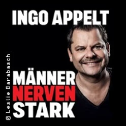 Plakat mit lächelndem Mann und dem auffälligen Titel Männer Nerven Stark vor dunklem Hintergrund.