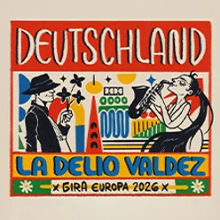 Buntes Tourplakat mit zwei musizierenden Figuren und dem Schriftzug Deutschland 2026