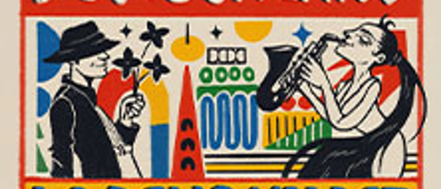 Buntes Tourplakat mit zwei musizierenden Figuren und dem Schriftzug Deutschland 2026