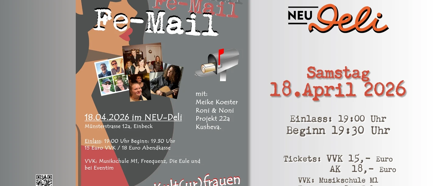 18-04 Fe-Mail.jpg Plakat zum Konzert Fe-Mail am 18.04.2026 im NEU-Deli mit Fotos der Musikerinnen.