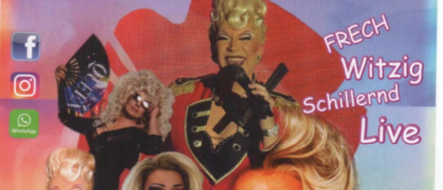 Flyer Einbeck.jpg Bunter Flyer für die Travestieshow Tante Lissi & Co mit glamourösen Dragqueens.