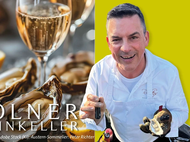 Stand-up tasting in the Cologne wine cellar - oysters Oyster tasting with opened oysters, champagne glasses and a smiling expert opening them