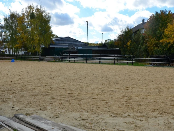 Sandiger Außenreitplatz mit heller Umzäunung vor Gebäuden und Bäumen.