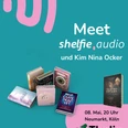 Shelfies release party with Kim Nina Ocker Promotional graphic for the shelfie.audio event with book covers and details of date and location.