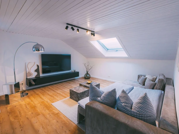 Wohnzimmer mit Schlafsofa und Smart TV