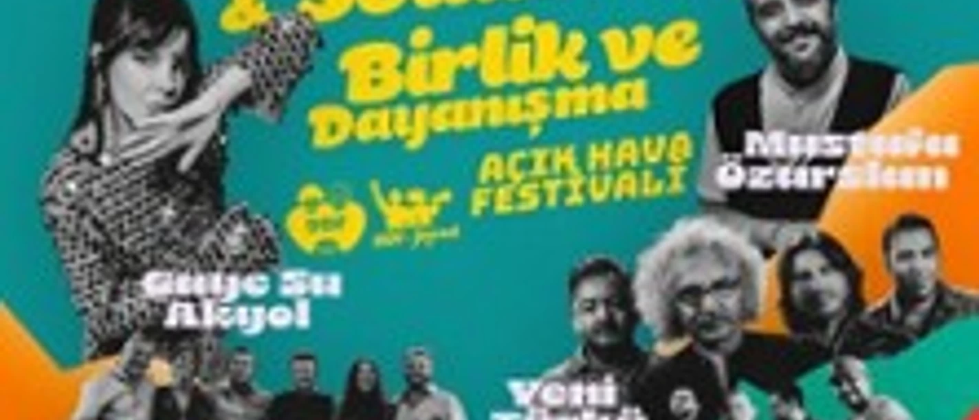 Farbiges Festivalplakat mit Musikerporträts und dem Motto für Zusammenhalt und Solidarität