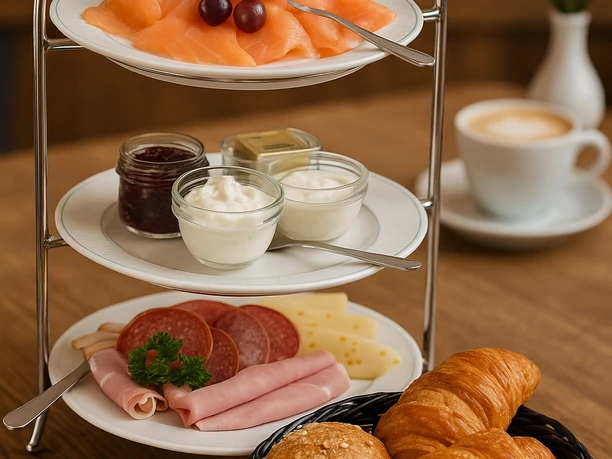 Frühstücksbuffet mit Köstlichkeiten und Cappuccino.png