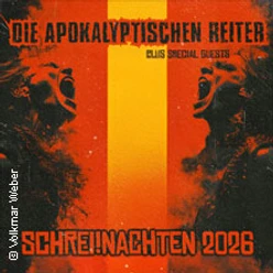 Roter Konzertposterstil mit zwei schreienden Gesichtern und Schrift zu SCHREI!NACHTEN 2026