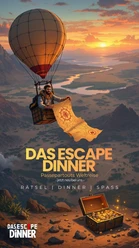 Auf dem Bild ist eine Landschaft dargestellt mit Bergen und Flüssen während eines Sonnenuntergangs. Außerdem ist im linken Teil des Bildes ein Heißluftballon in der Luft, über dessen Korb eine alte Landkarte hängt.