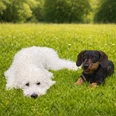 Zwei Hunde liegen auf einer grünen Wiese im Botanischen Garten.