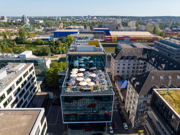 Upper East Side - Drone shot roof terrace Aerial view of building with rooftop terrace